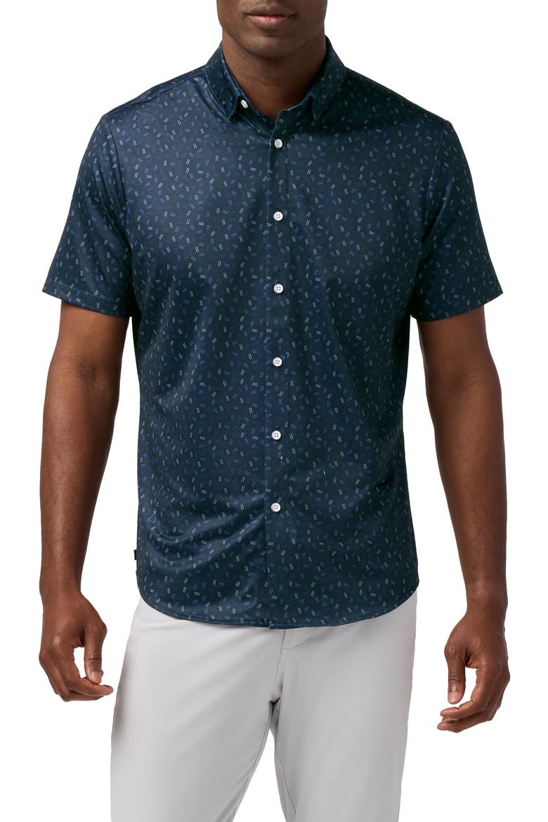 Halyard Trim Fit Navy Scattered Dash Short Sleeve Performance Button-Up Shirt, Main, color, MIDNIGHT NAVY SCATTERED DASH
