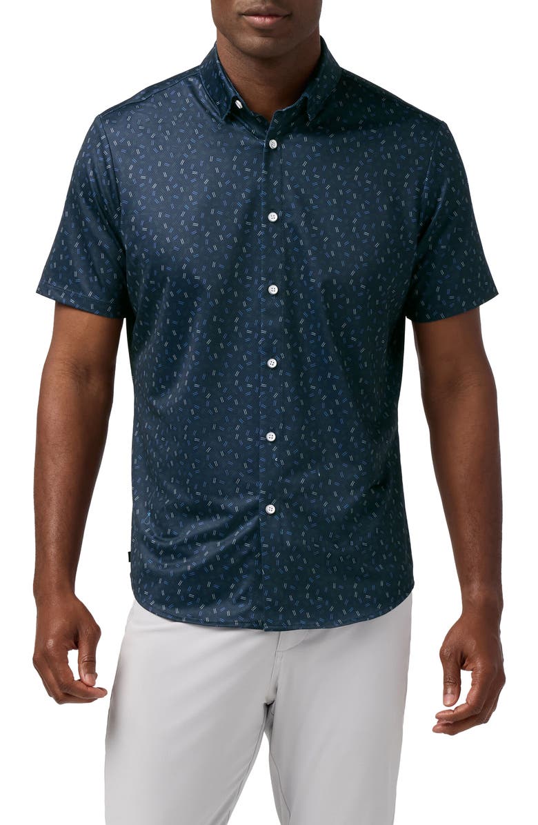 Mizzen+Main Haylard Trim Fit Navy Scattered Dash Short Sleeve Button-Up Shirt, Main, color, Midnight Navy Scattered Dash