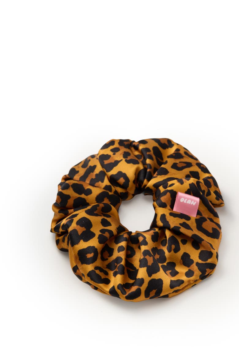 Leopard Silk Scunchie, Alternate, color, Brown
