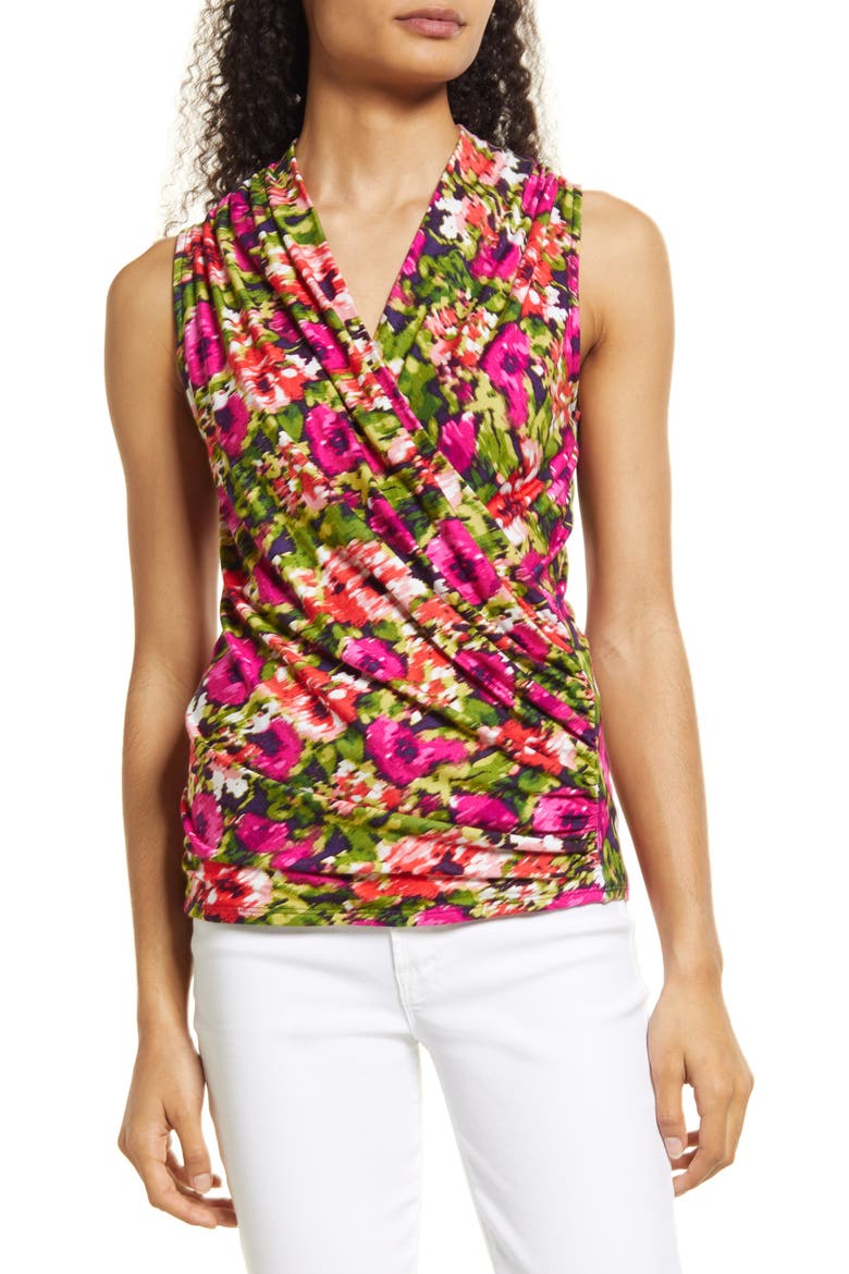 Floral Sleeveless Faux Wrap Top, Main, color, FUSCHIA