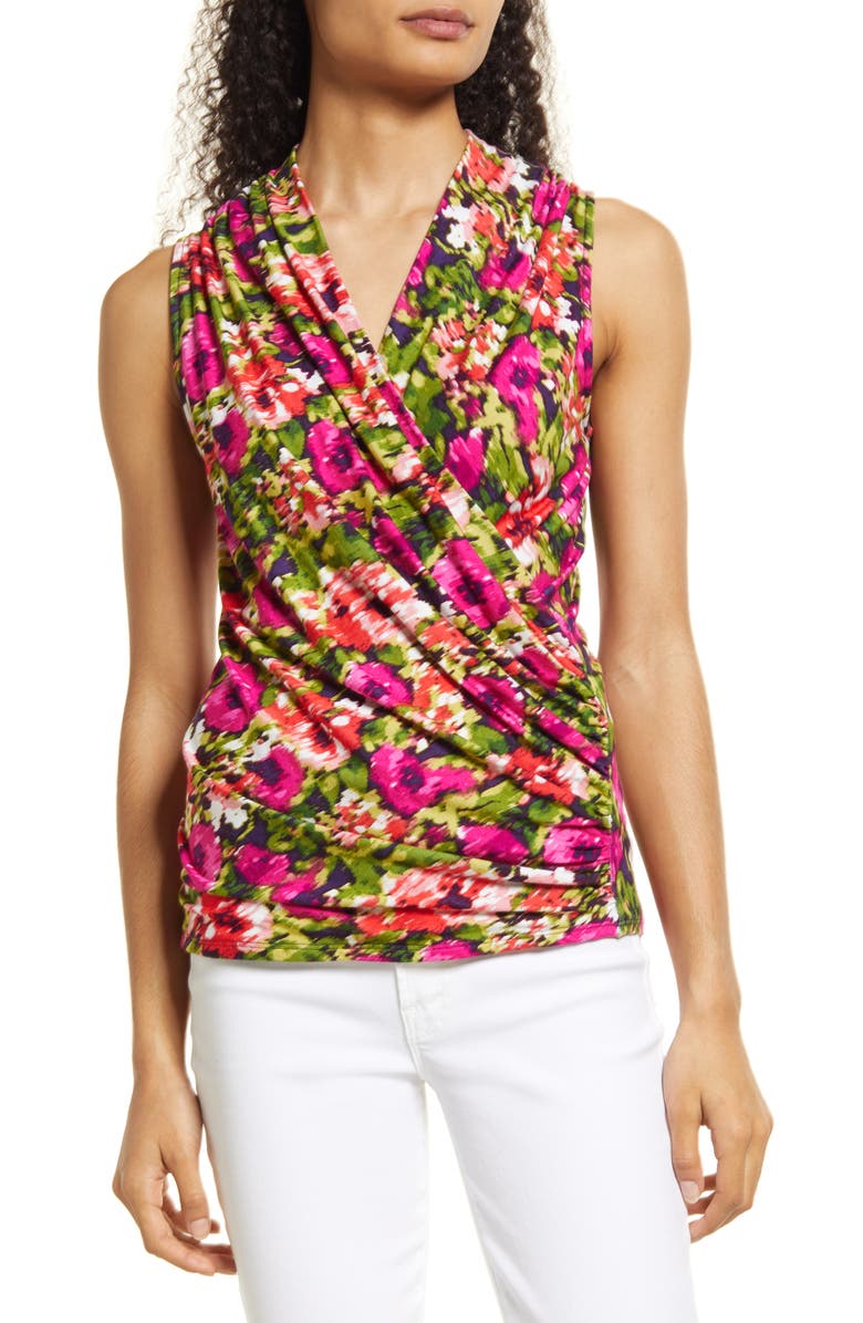 Loveappella Floral Sleeveless Faux Wrap Top, Main, color,