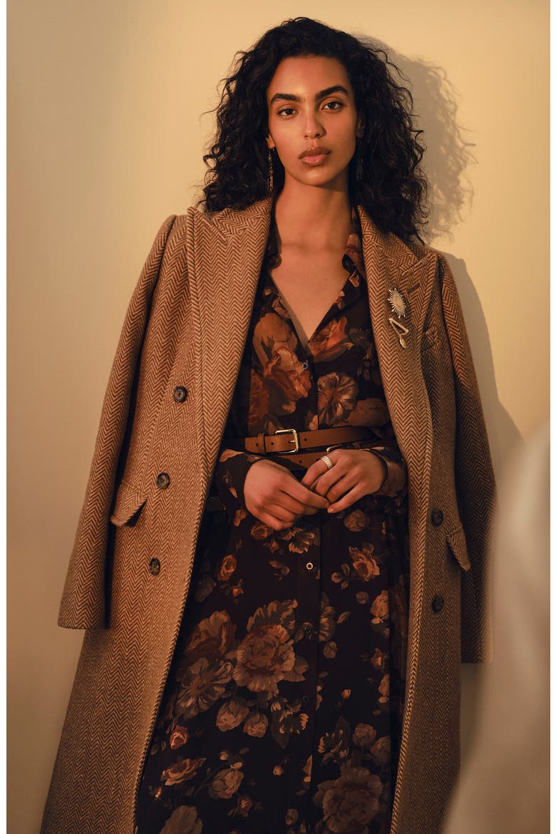 Floral Chiffon Long Sleeve Shirtdress, Alternate, color, BROWN