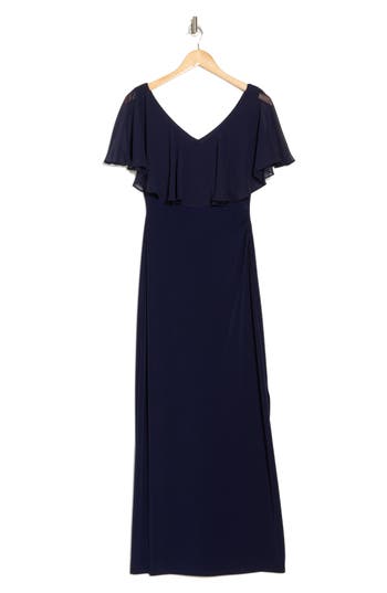 Connected Apparel Flutter Sleeve V-neck Dress In Navy