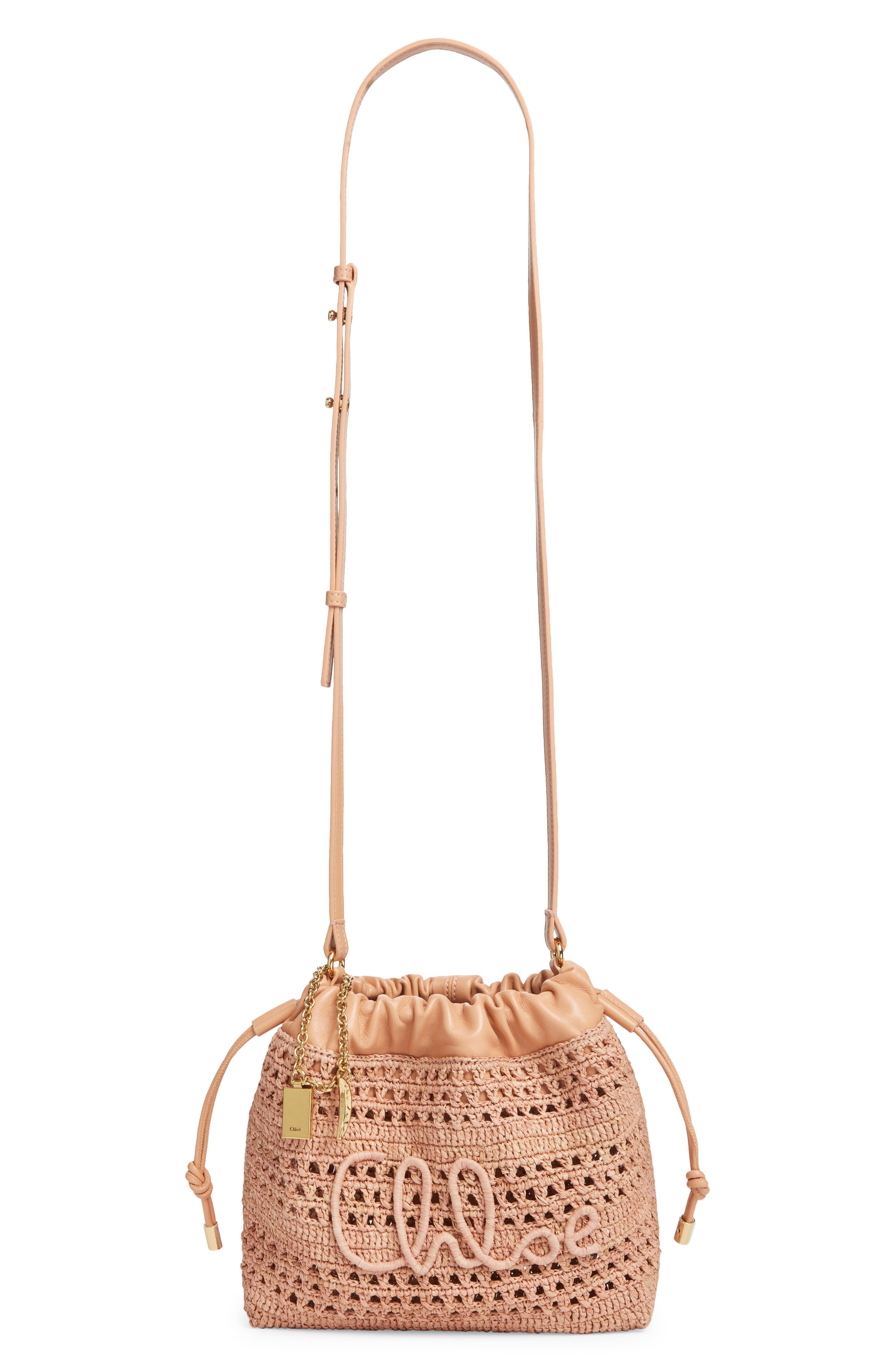 Chloé Mini Summer Banana Woven Raffia Drawstring Shoulder Bag, Main, color, Summery Beige