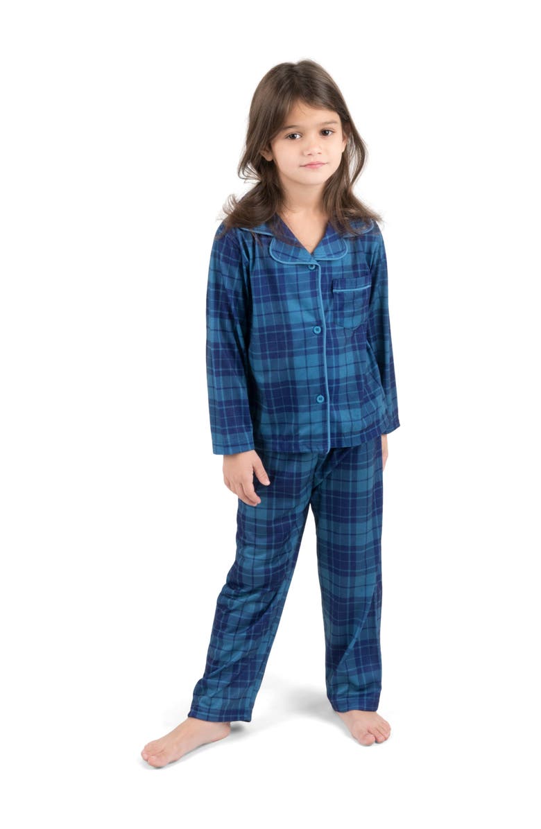 Leveret Kids Button-Front Flannel Printed Holiday Pajama Set, Main, color, Plaid Blue & Navy