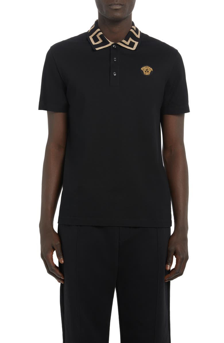 Versace Metallic Greca Collar Piqué Polo, Main, color, 1B000-Black