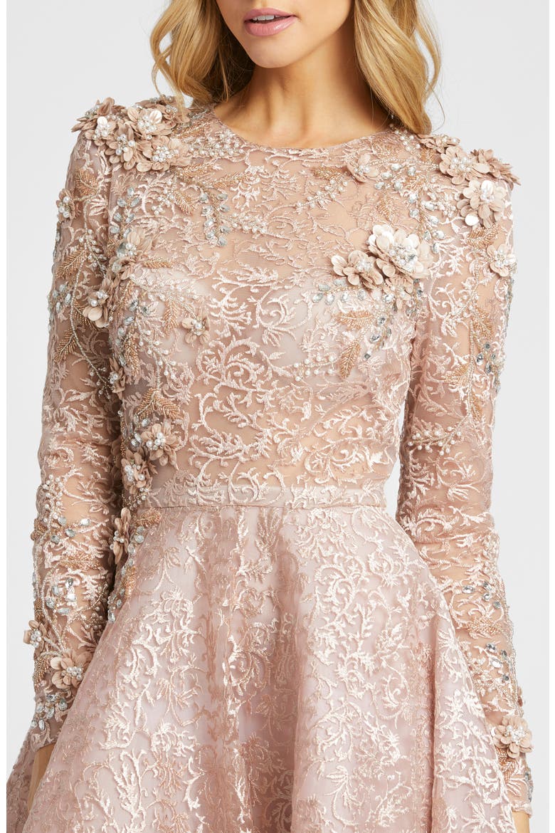 Embellished Illusion Long Sleeve A Line Gown, Alternate, color, MOCHA
