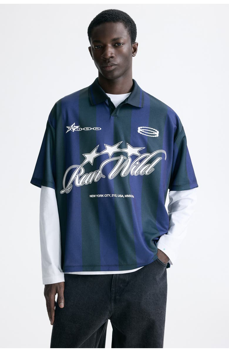 H&M Loose Fit Football Shirt, Alternate, color, Dark Blue/Run Wild