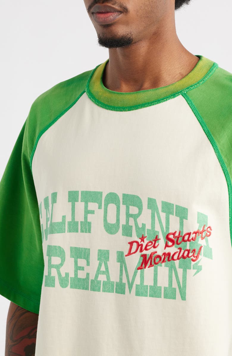 DIET STARTS MONDAY California Dreamin' Embroidered Graphic Baseball T-Shirt, Alternate, color, Cream/Green