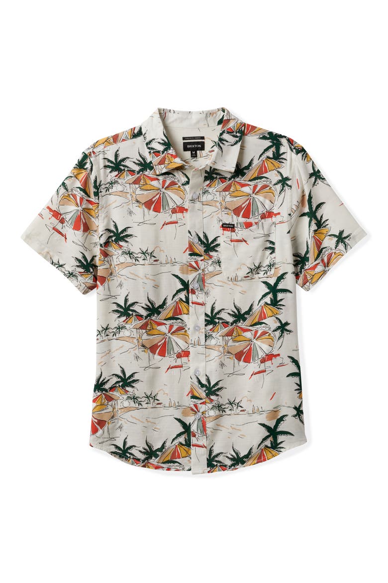 Charter Classic Fit Tropical Print Short Sleeve Slub Button-Up Shirt, Alternate, color, OFF WHITE UMBRELLA SCENE