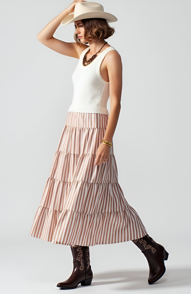Modenaire Striped Tiered A-Line Maxi Skirt with Elastic Waist and Soft Drape, Alternate, color, 