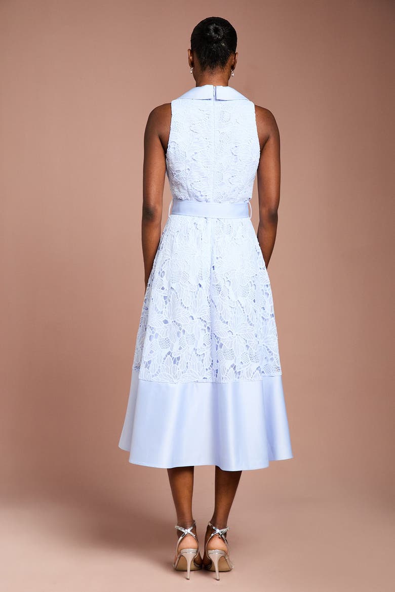 Satin Trim Lace Collard Midi Dress, Alternate, color, Cornflower Blue