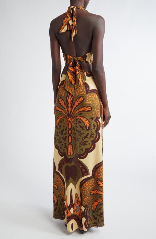 Shop Johanna Ortiz Finding Peace Silk Halter Maxi Dress In Palma Sevillana Ecru/olive