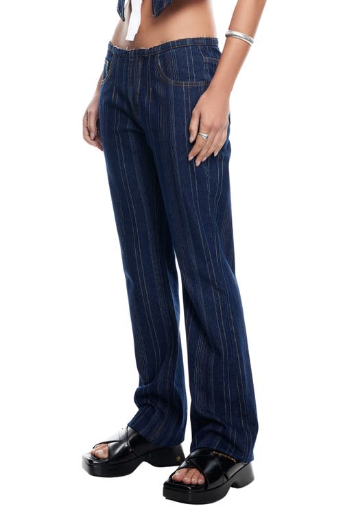 Shop Lioness Charismatic Dipped Low Rise Flare Jeans In Dark Denim Stripe