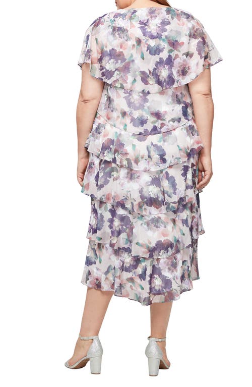 Sl Fashions Floral Short Sleeve Tiered Chiffon Cocktail Dress In Blush Multi