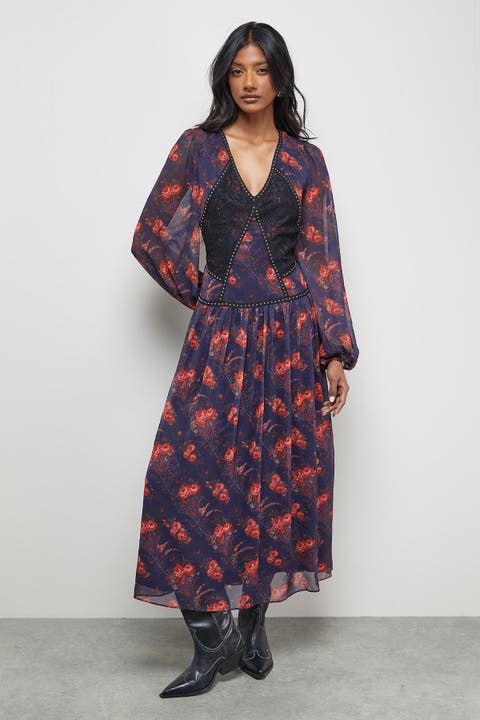 Plunge Neck Pleated Maxi Dress