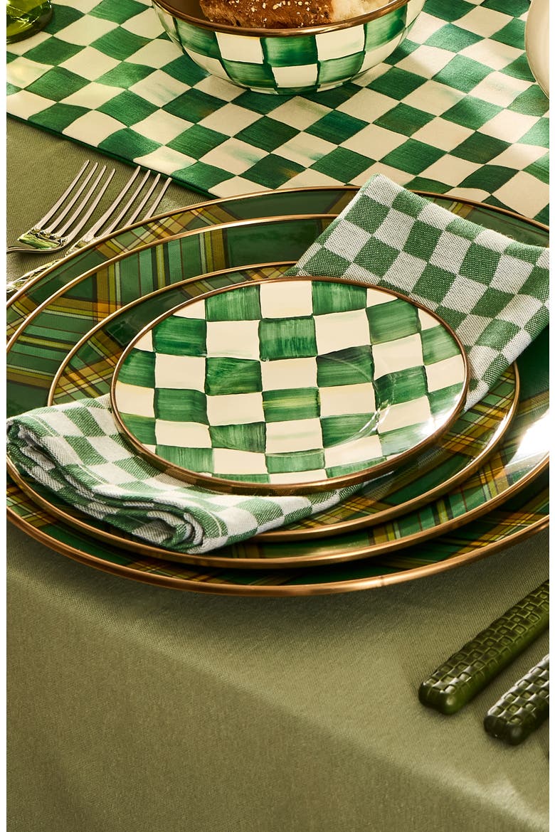 Emerald Check Set of 4 Enameled Steel Appetizer Plates, Alternate, color, EMERALD