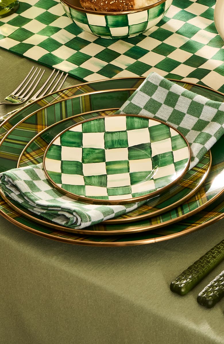MACKENZIE CHILDS Emerald Check Set of 4 Enameled Steel Appetizer Plates, Alternate, color, Emerald