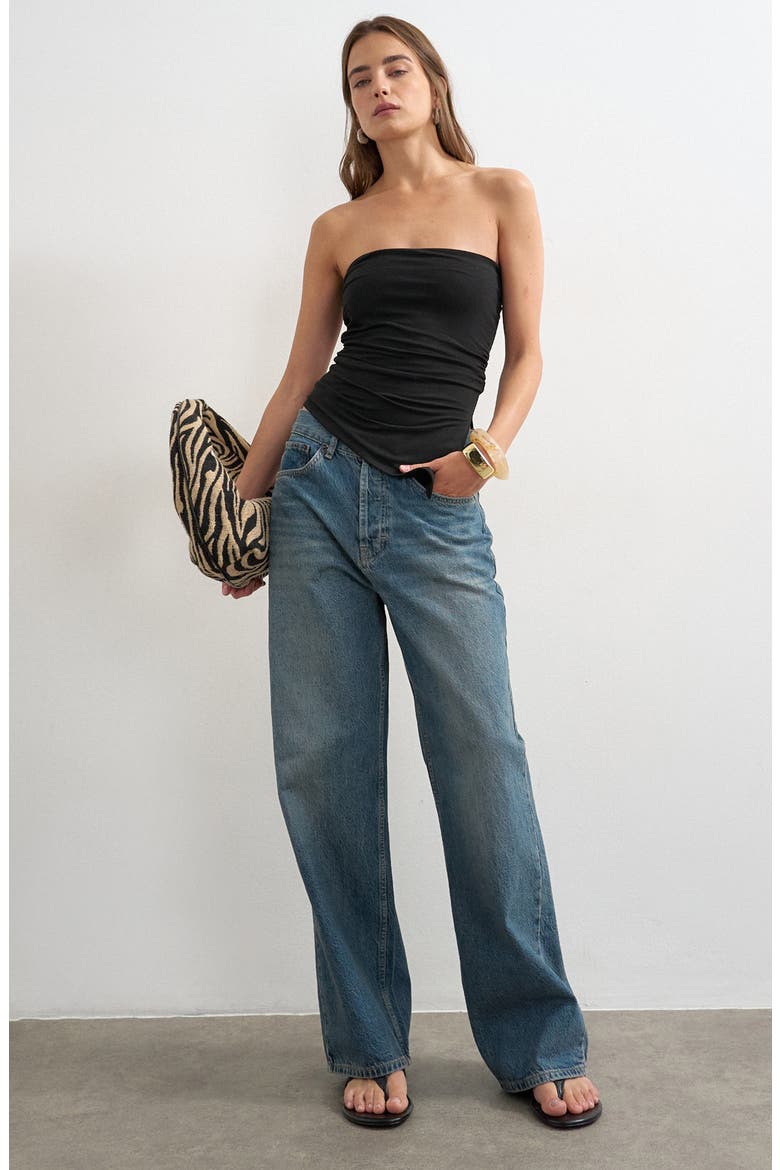 Strapless Ruched Side Slit Stretch Cotton Top, Alternate, color, BLACK