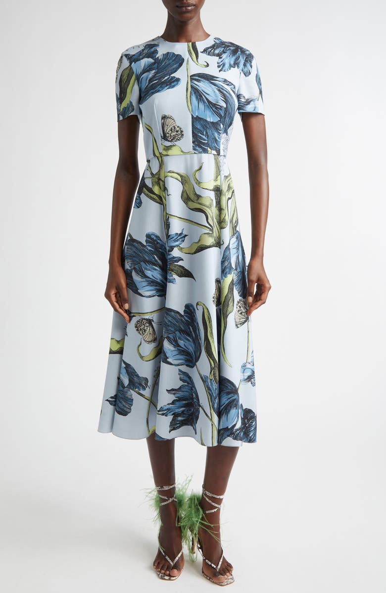 Erdem Etched Tulip Print Stretch Cady A-Line Midi Dress, Main, color, Etched Tulip Powder Blue