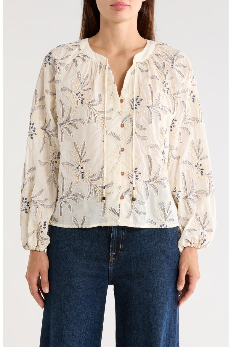 Embroidered Long Sleeve Cotton Top, Main, color, CREAM/ DEEP BLUE
