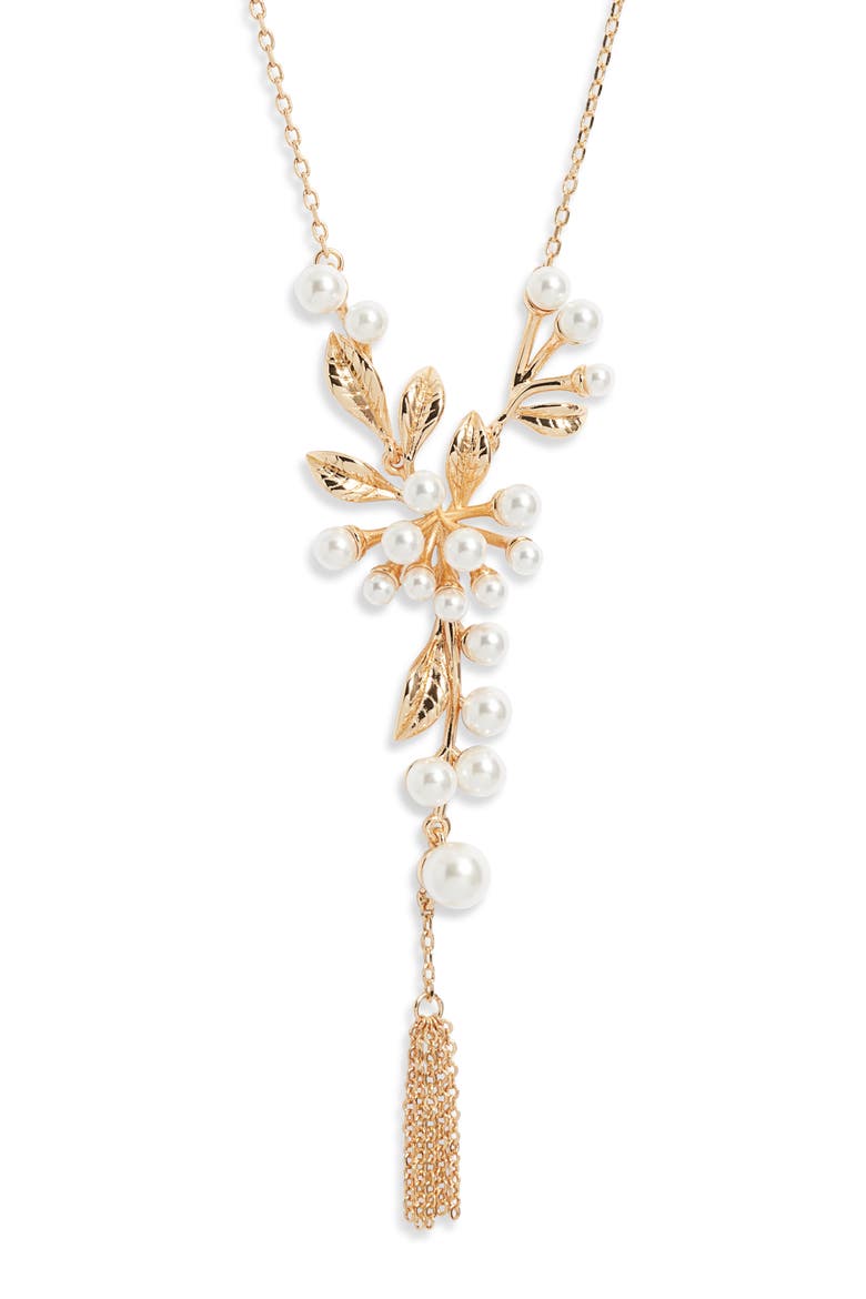 Faux Pearl Cluster Y-Necklace, Main, color, WHITE- GOLD