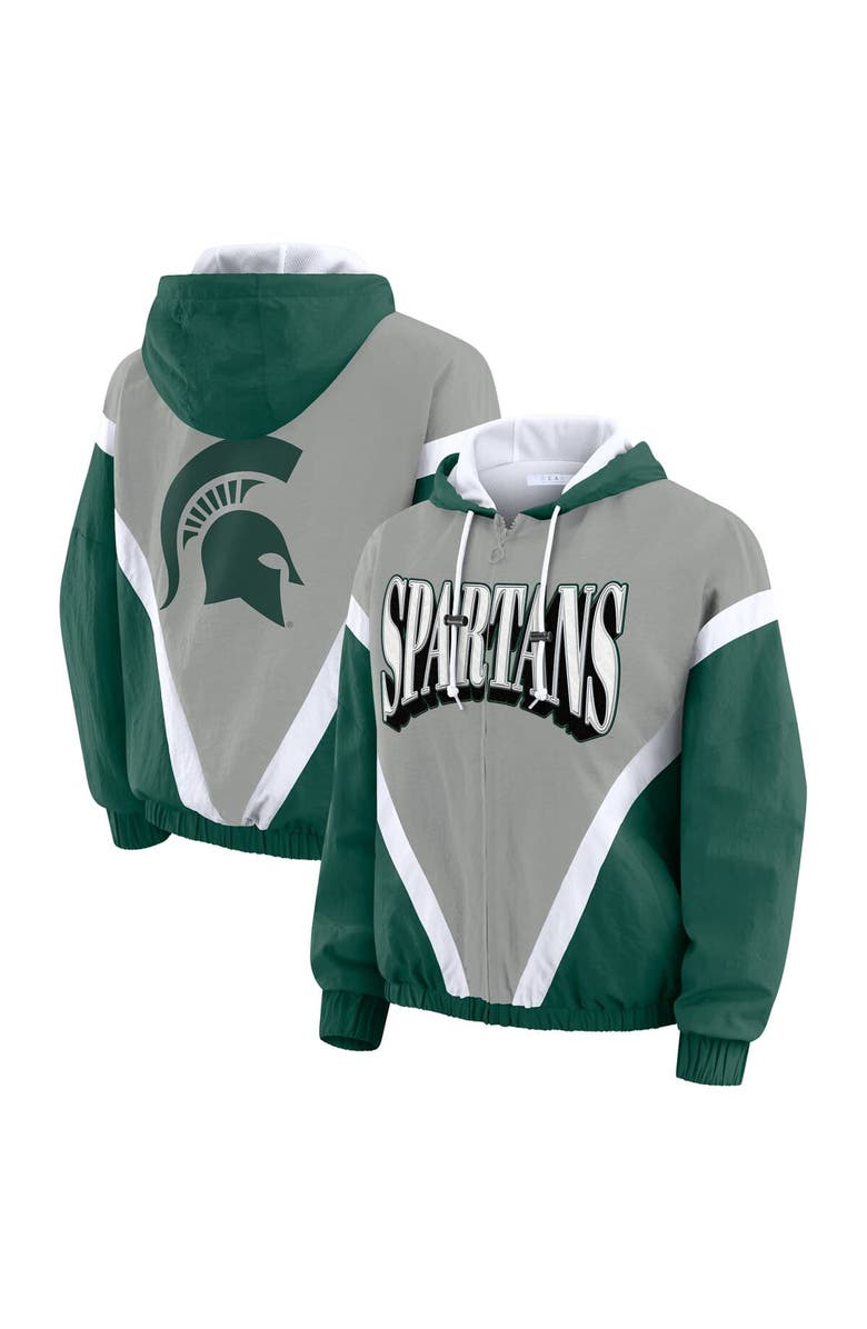 WEAR by Erin Andrews Women's WEAR by Erin Andrews Green/Gray Michigan State Spartans Colorblock Full-Zip Hoodie Windbreaker Jacket, Main, color, Green