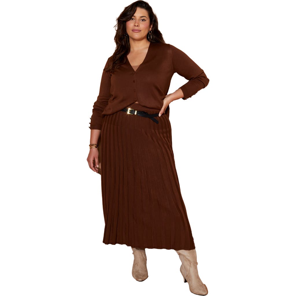 June + Vie Pleated Midi Skirt In Brown