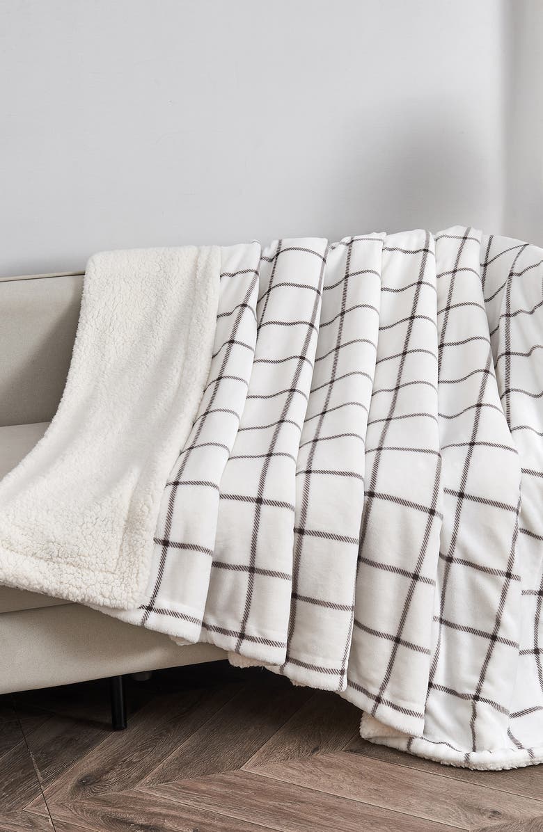 Woven & Weft Moose Print Reversible Faux Shearling Throw Blanket, Alternate, color, Grey Windowpane