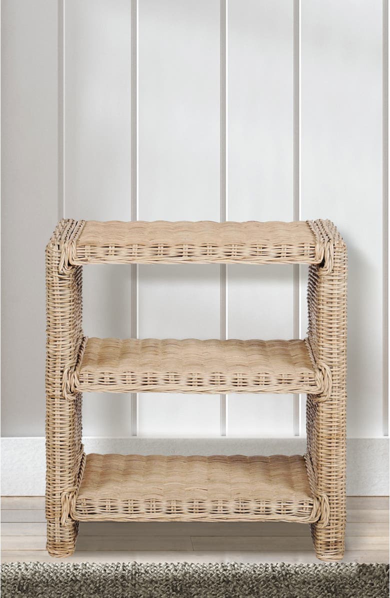JONATHAN Y Praerie Coastal Bohemian Rattan/Wood 3 Tier End Table, Alternate, color, Natural