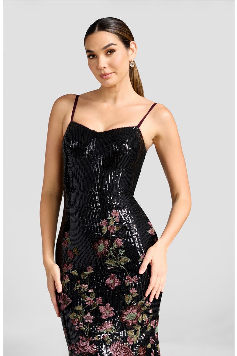 Giovanna Floral Embroidery Sequin Mermaid Gown, Alternate, color, BLACK MULTI