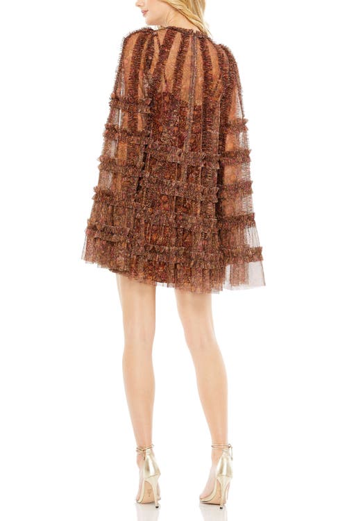 Mac Duggal Floral Print Long Flare Sleeve Mesh A-line Dress In Brown Multi