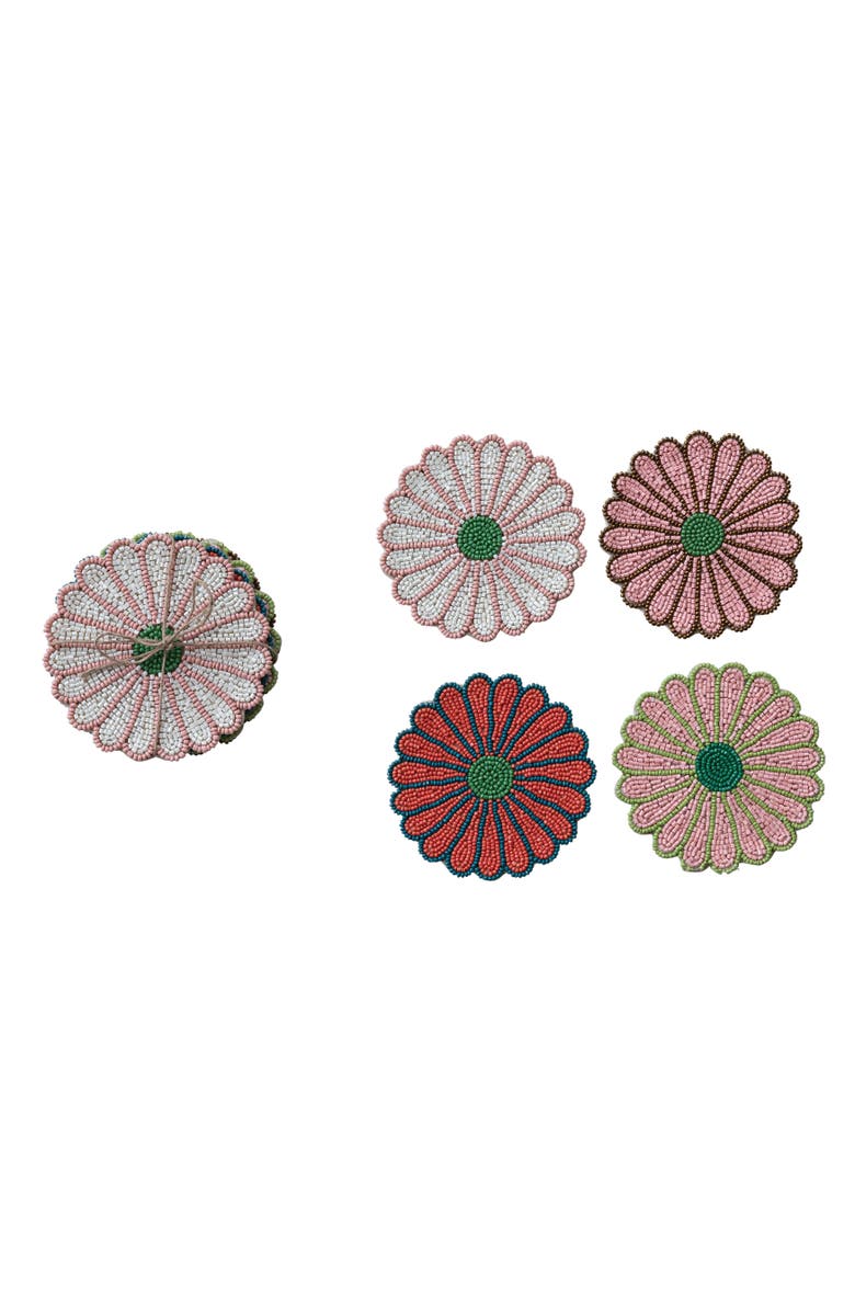 Storied Home 4-Piece Beaded Glass Flower Shaped Coasters with Jute Tie, 4 Colors, Main, color, Pink
