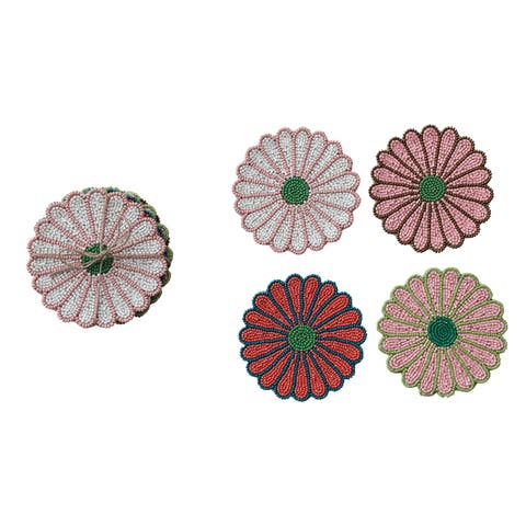 4-Piece Beaded Glass Flower Shaped Coasters with Jute Tie, 4 Colors