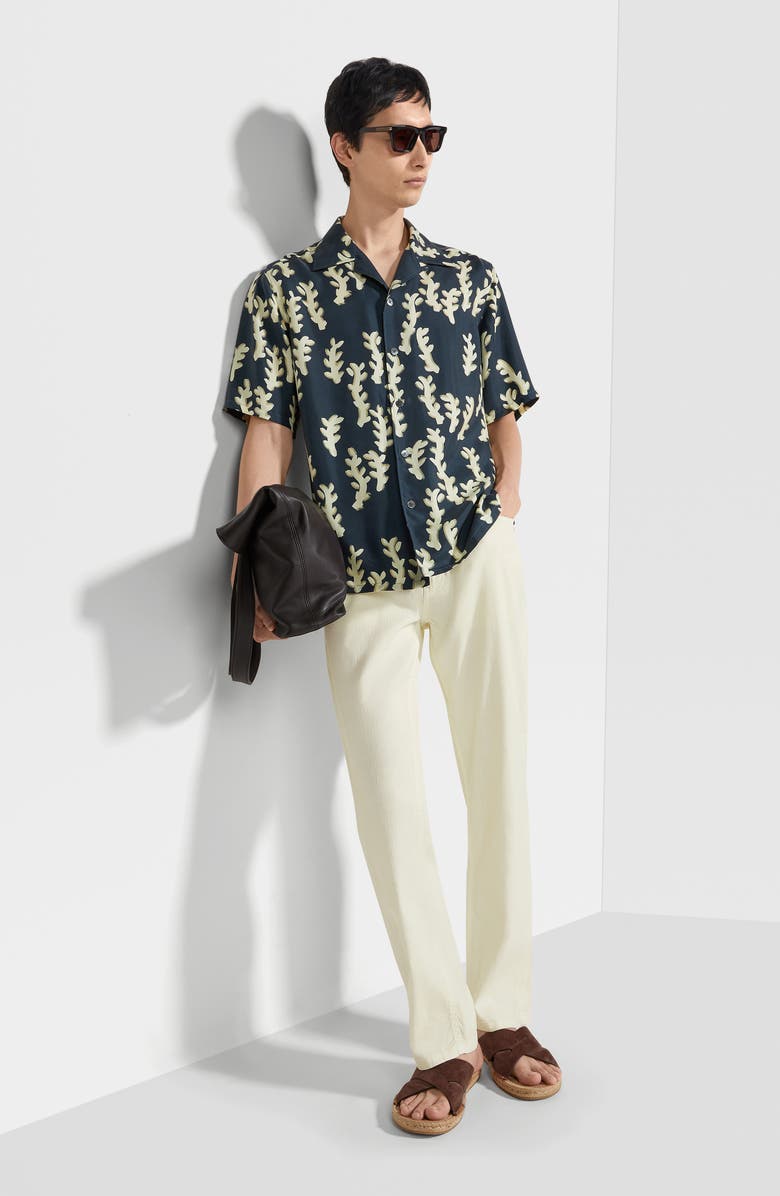 ZEGNA Silk Shirt, Alternate, color, Dark Teal Blue/Light Yellow