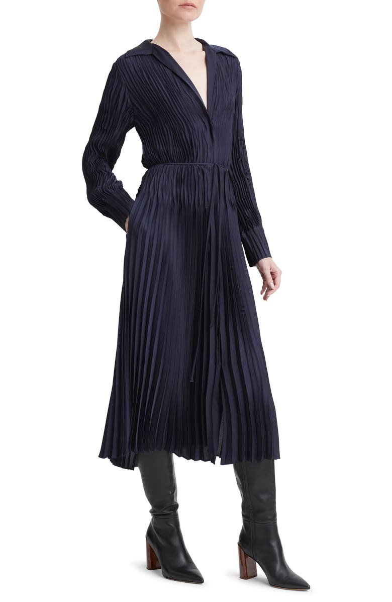 Vince Pleated Tie Waist Long Sleeve Midi Dress, Alternate, color, 