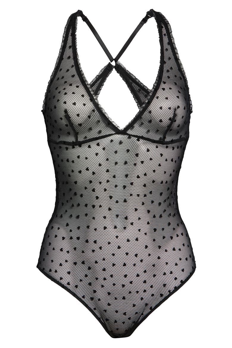 Flocked Hearts Mesh Bodysuit, Alternate, color, BLACK