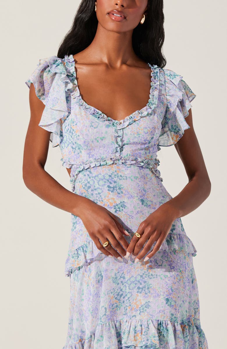 ASTR the Label Mable Floral Tiered Cutout Chiffon Dress, Alternate, color, Lilac Green Floral