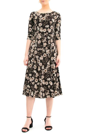 Nina Leonard Boat Neck Midi Dress In Brown/white