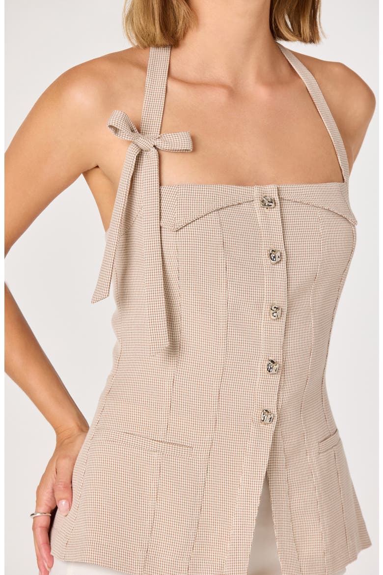 Cithara Gingham Halter Neck Peplum Top, Alternate, color, TAN CHECKER