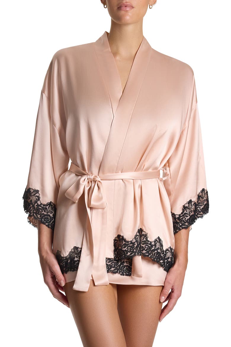 Diane Lace Trim Silk Charmeuse Robe, Main, color, LEXI BLUSH/BLACK