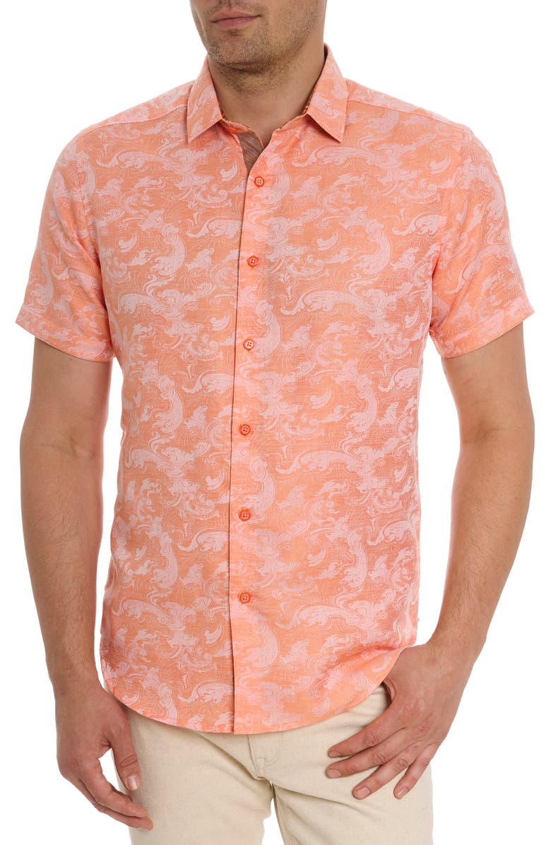 Robert Graham Poseidon Short Sleeve Linen & Cotton Jacquard Button-Up Shirt, Main, color, Orange