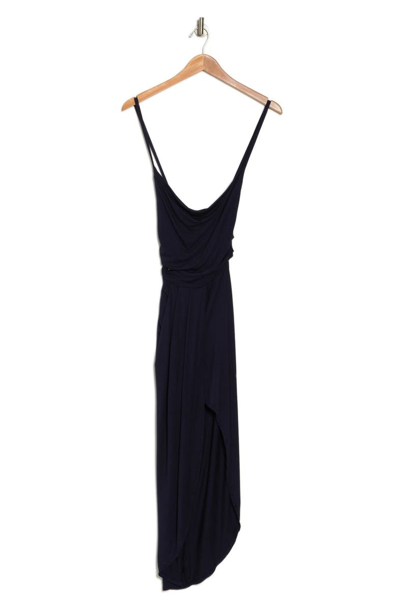 GO COUTURE Cowl Neck Asymmetric Slit Dress, Alternate, color, Navy