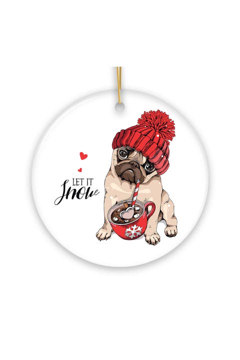 Let It Snow Pug In Red Pom Hat Round Ornament