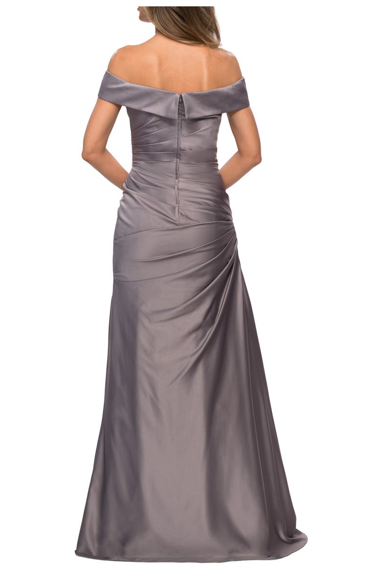 La Femme Off the Shoulder Satin Evening Dress with Pleating, Alternate, color, Platinum