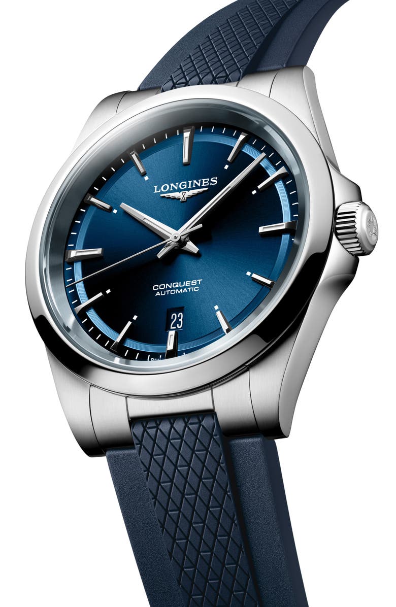 Longines Conquest Blue Automatic Rubber Strap Watch, 41mm, Alternate, color, Blue