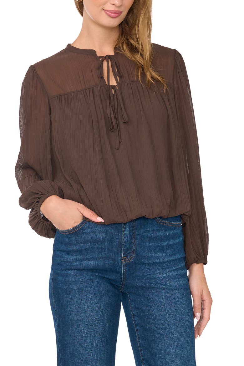 Tie Neck Bubble Hem Top, Main, color, RICH CHOCOLATE