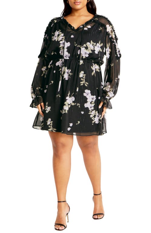 City Chic Amira Floral Long Sleeve Minidress in Black Floral 