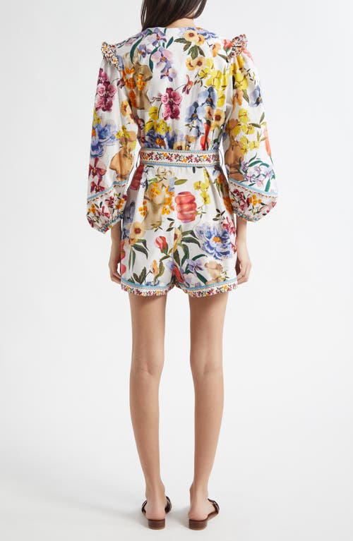 Farm Rio Greek Garden Long Sleeve Plunge Neck Cotton Romper In White Floral