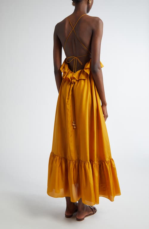 Zimmermann Rhiannon Tiered Ruffle Peplum Silk Maxi Dress In Gold